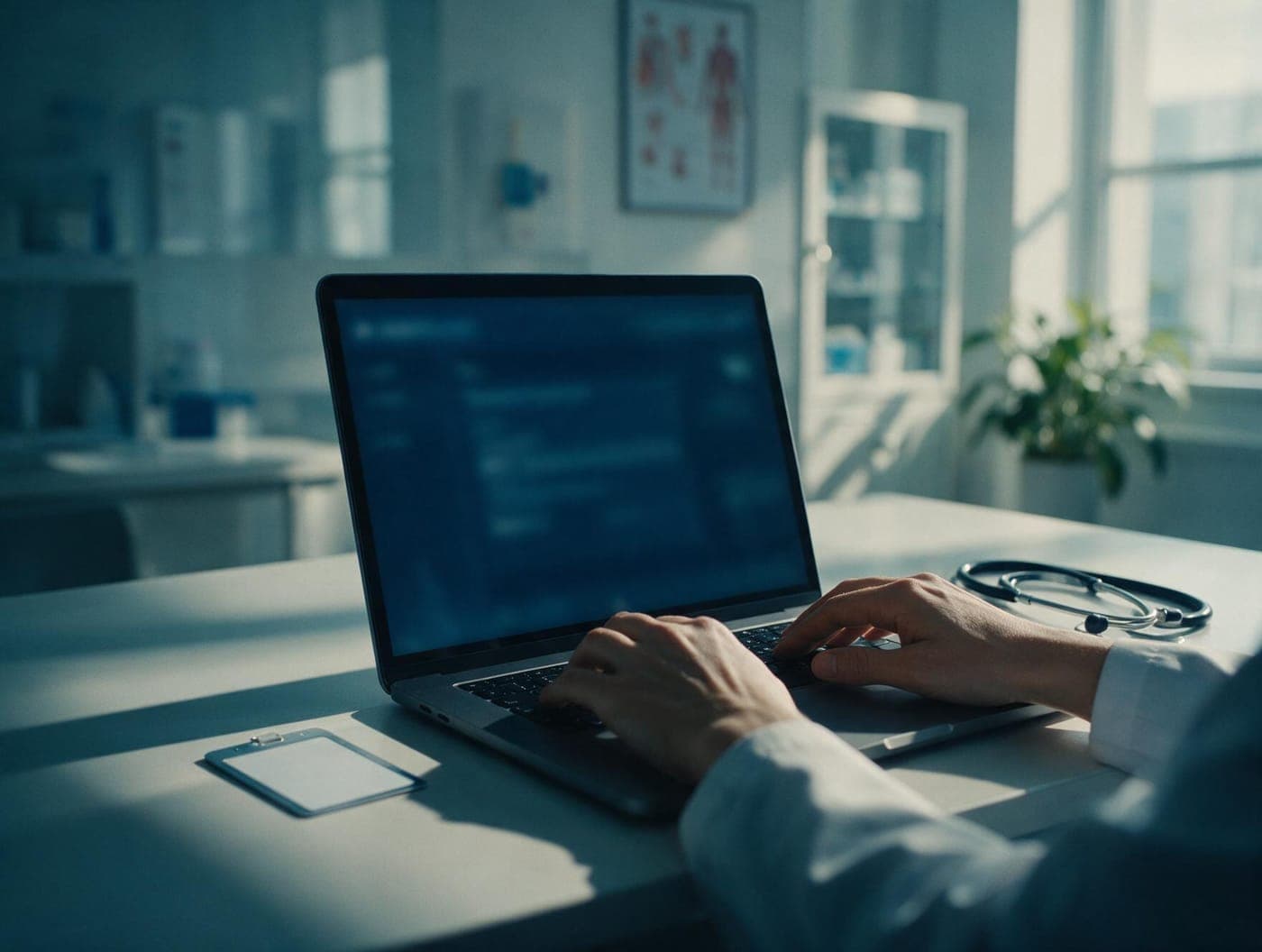 Manos de un médico registrándose en una laptop, con estetoscopio y gafete