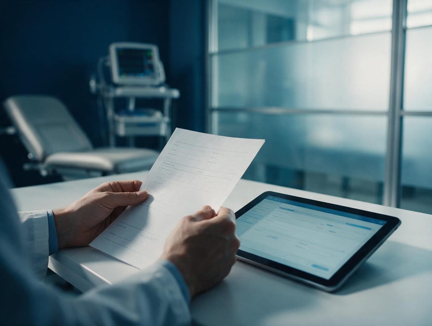 Médico revisando una hoja de solicitud de estudios junto a una tablet